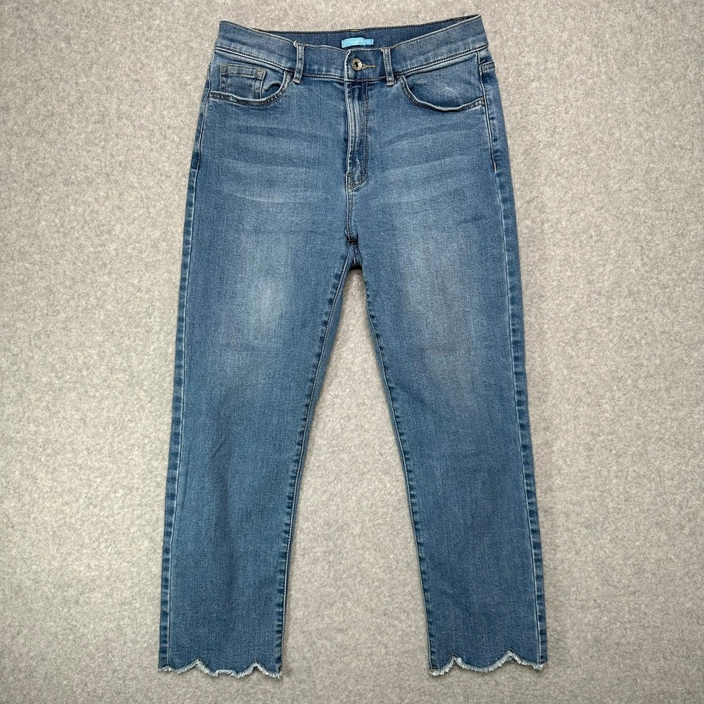 J.McLaughlin Womens Scalloped Raw Hem Straight Leg Jeans Medium Wash Blue Size 6